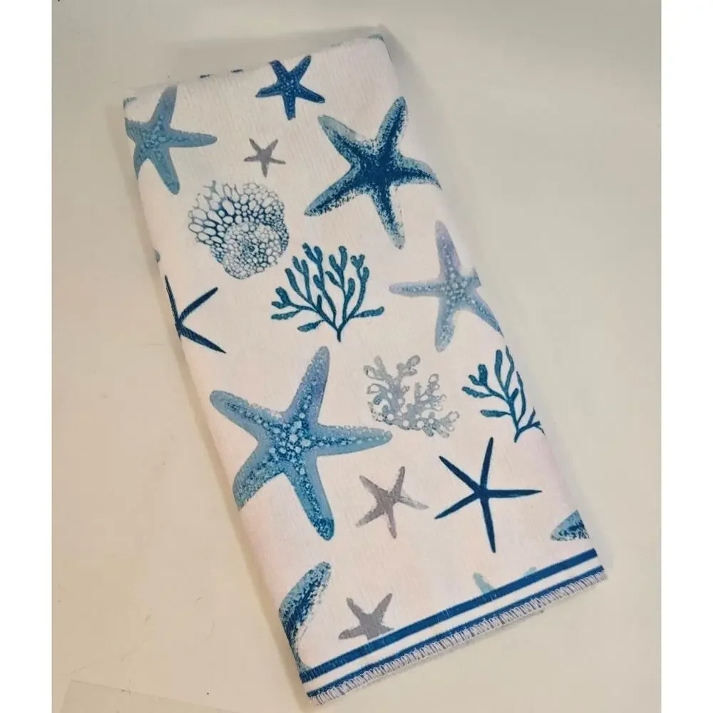 Set of 6 Handtowels Beach Coastal Kitchen Towels Ocean Seashells Nautical New